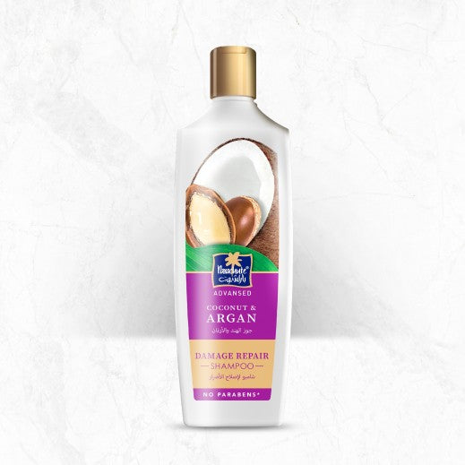 Parachute Advanced Coconut & Argan Damage Repair Shampoo bottle with natural ingredients, 340 ml, paraben-free hair fall solution.