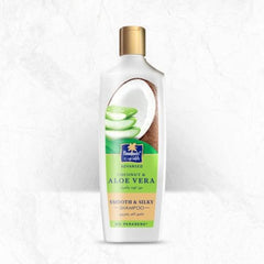 Parachute Advanced Smooth and Silky Shampoo with Aloe Vera and Coconut, 340ml bottle for nourishing hair care.