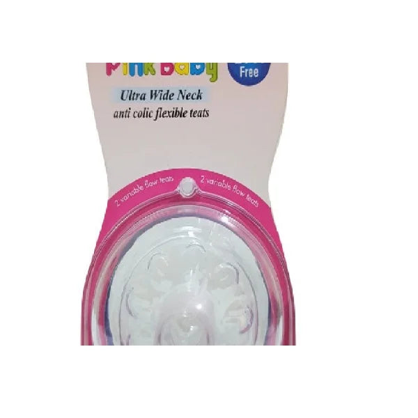 Pink Baby Ultra Wide Neck Anti-colic Flexible Teats, 2 variable flow teats- Variable 9+ (A-34)