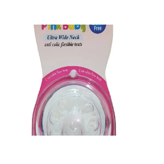Pink Baby Ultra Wide Neck Anti-colic Flexible Teats, 2 variable flow teats- Variable 9+ (A-34)