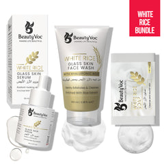 BeautyVoc White Rice Glow Kit – Korean Face Wash, Serum, Soap, Sunblock for Bright & Glass Skin