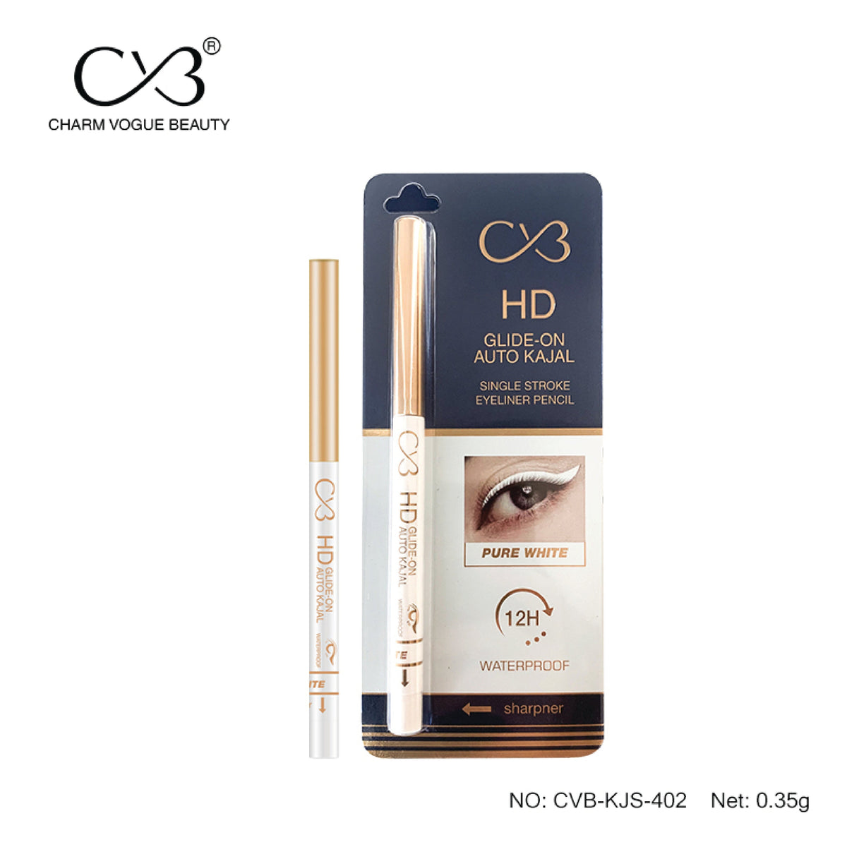 CVB KJS402 HD Glide-On Auto Kajal for 12H Long Lasting Stay, Single Stroke Eyeliner Pencil with Attached sharpener (Pure White, 0.35g)