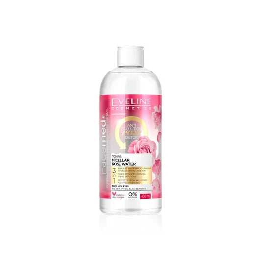 Eveline FaceMed+ Anti Pollution Detox Toning Micellar Rose Water 3 in 1 , Face + Lips + Eyes - 400ml