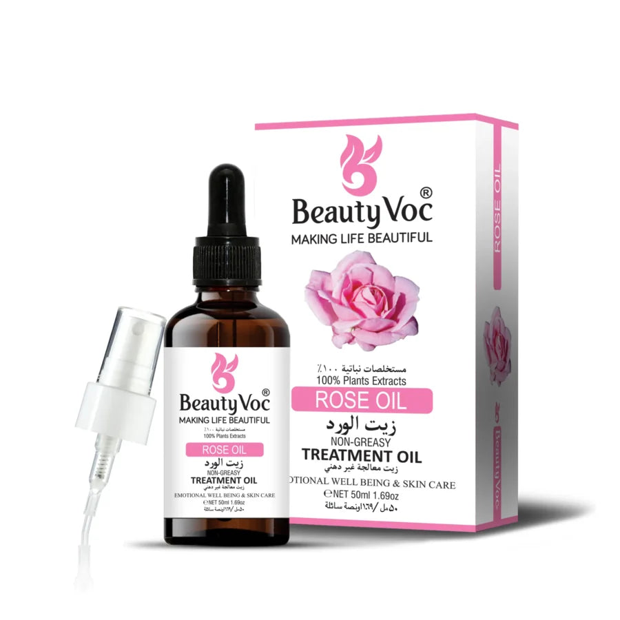 BeautyVoc Rose Treatment Oil 50 ml Pure 100% | Non-Greasy | Cold-Pressed Therapeutic Oil for Skin Repair, Hair Nourishment & Emotional Balance
