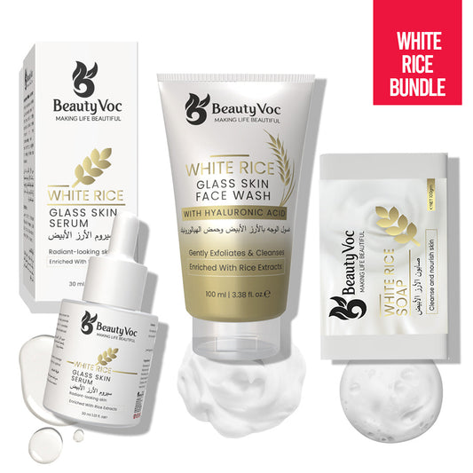 BeautyVoc White Rice Glow Kit – Korean Face Wash, Serum, Soap, Sunblock for Bright & Glass Skin