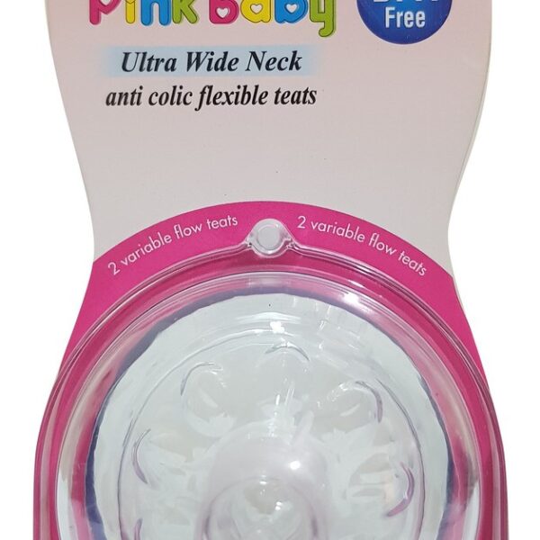 Pink Baby Ultra Wide Neck Anti-colic Flexible Teats, 2 variable flow teats- Variable 9+ (A-34)